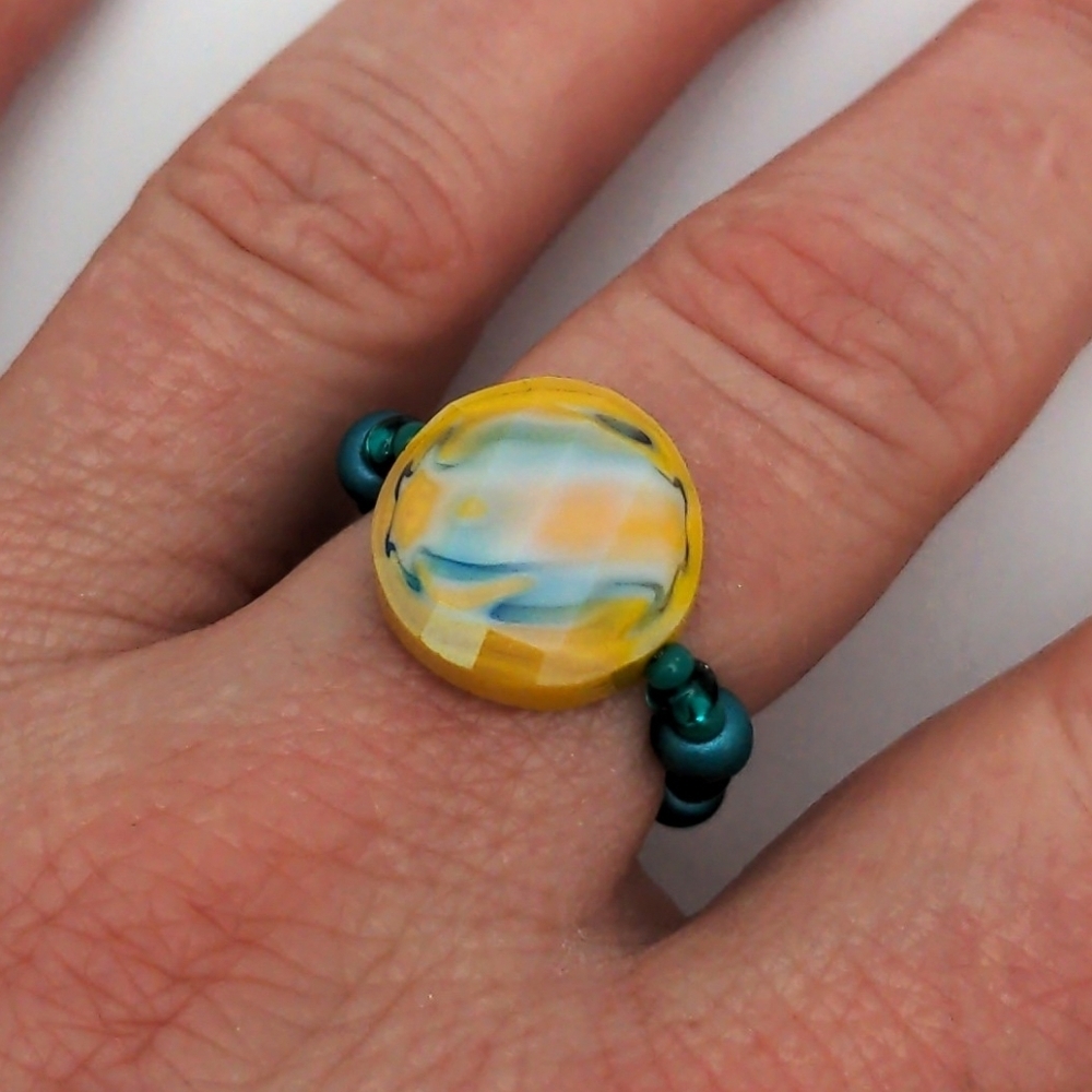 381MIDALANE Artisan Teal and Yellow Swirl Ring